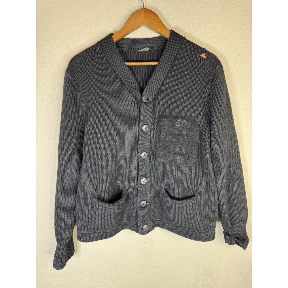 Vintage Varsity Sweater Mens M Gray Black Button Up Letterman B Patch 1950s Wool